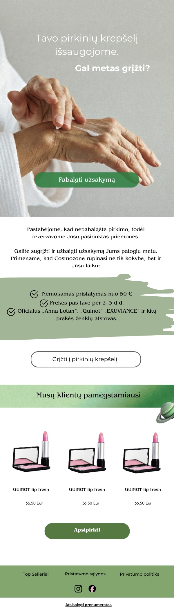Lūpų kosmetikos prekės ženklo naujienlaiškio pavyzdys